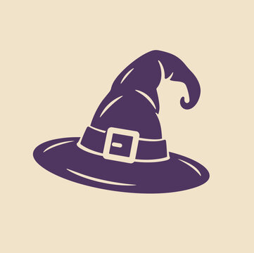 Purple witch hat illustration, classic halloween pointed hat with buckle, vector icon isolated on beige background
