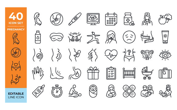 Pregnancy healthcare line icon set depicting maternal health prenatal care and baby development stages.