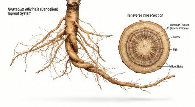 Taraxacum officinale dandelion taproot system and transverse cross-section educational anatomy diagram