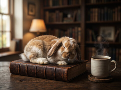 Sleepy lop rabbit napping on thick old book beside hot coffee mug in cozy vintage library study room desk atmosphere.