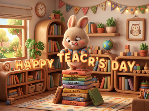 Cute cartoon bunny character holding wooden letters saying happy teachers day stands on stack of colorful school books.