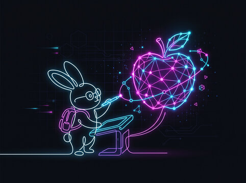 Neon glowing rabbit in glasses drawing on tablet creating network connected apple with bright blue and pink lines.
