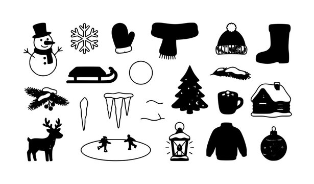 Christmas winter icon set with snowman snowflakes mittens scarf sled pine tree and seasonal symbols