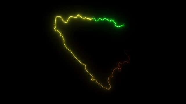 Bosnia and Herzegovina map outline with glowing neon light effect on a black background animation