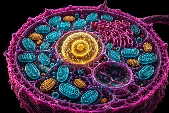 Stunning sci-fi cell render cross-section with that glowing golden nucleus at the center, bioluminescent cyan chloroplasts scattered throughout