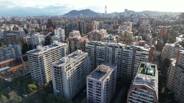 Aerial Drone Flight Toward Santiago de Chile City Center And Skyline