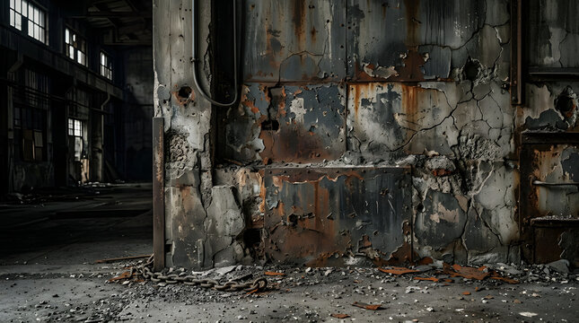 Large concrete pillar in empty abandoned warehouse interior.