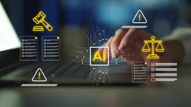  AI regulation, policy, ethics, and legal risk. Responsible AI technology and compliance standards. Artificial intelligence and law concept
