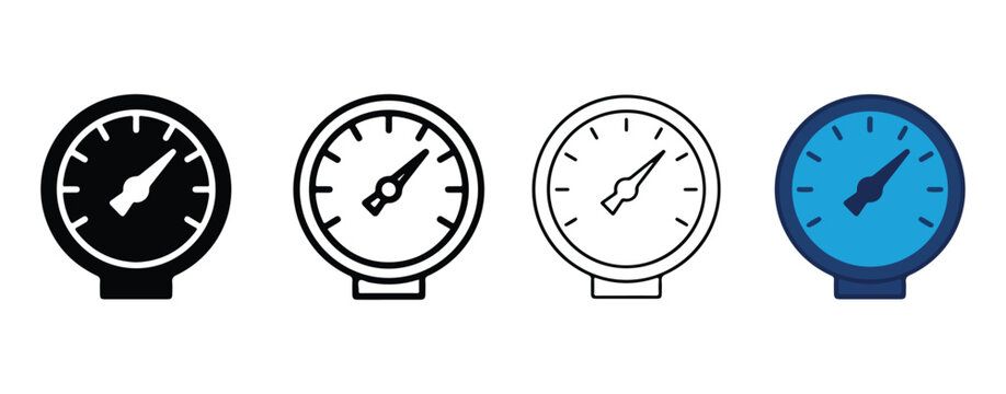 gauge dial icons showing different styles of speedometer or pressure meter designs isolated on transparent background