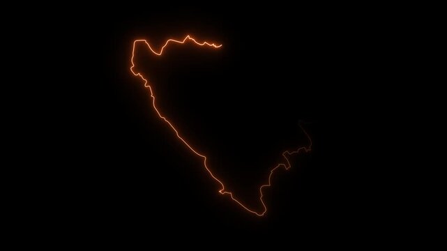 Glowing neon outline map of Bosnia and Herzegovina on a black background motion graphic animation