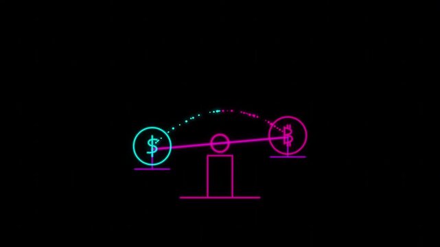 Crypto trading neon scale animation showing balance between fiat dollar and bitcoin.