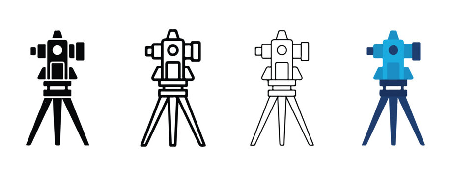 Surveyor Transit Level Instruments Illustrated with Different Line Art Styles Isolated on Transparent Background