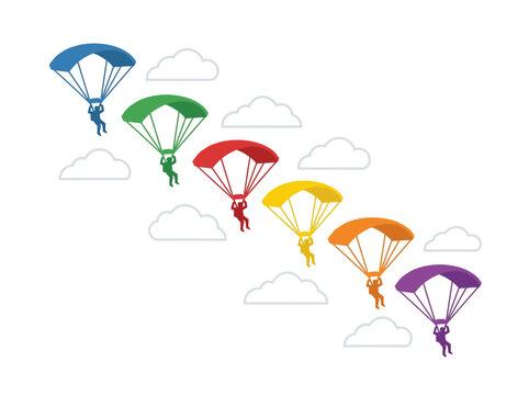 Colorful parachutists descending through clouds