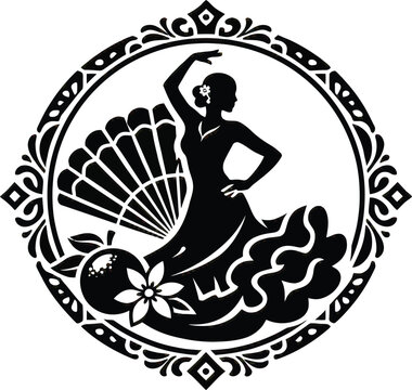 Flamenco dancer silhouette in ornate circular frame vector graphic