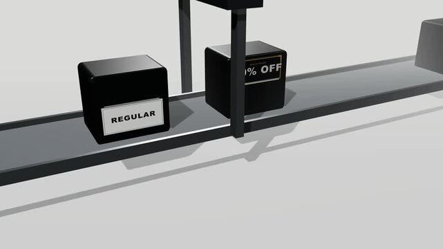 Premium 3D commercial stock motion graphic showing retail products moving along a sleek conveyor belt, passing a checkpoint where their labels physically flip from REGULAR to 50% OFF.