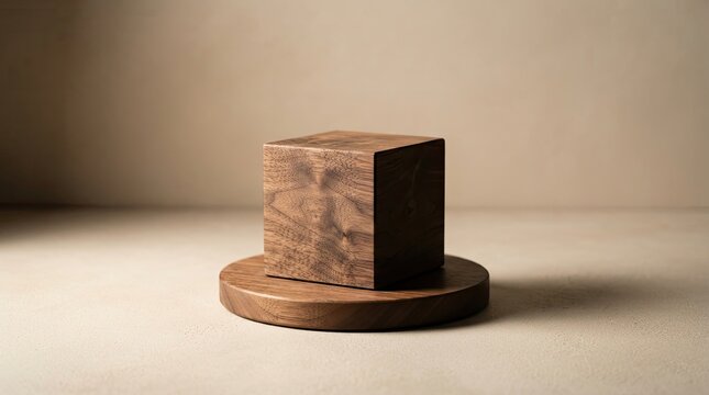Wooden cube on a circular wooden base