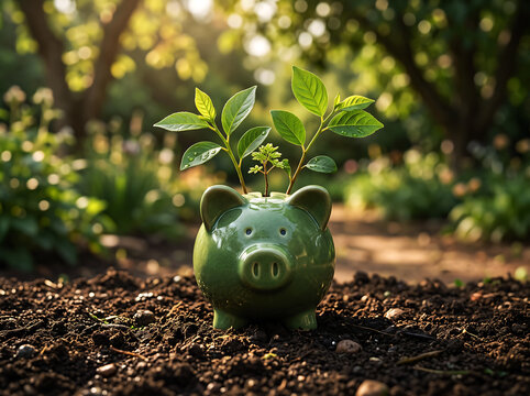 Small plant growing inside green piggy bank on soil for financial investment and sustainable business growth strategy.