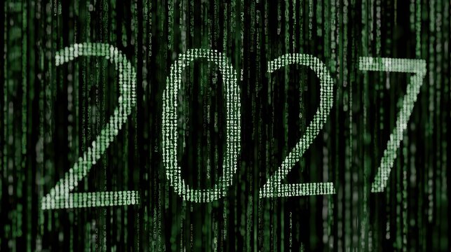 The year 2027 formed by glowing green digital binary code patterns on a black background with against dark background matrix style cascading number 2027 visualization programming information with data