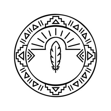 Ornamental Feather Circle Emblem, Decorative Vintage Badge Line Art on White