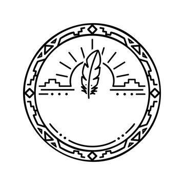 Round Feather Emblem Badge, Ornamental Sunburst Frame and Decorative Line Art