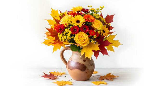 Autumn flower bouquet with maple leaves in rustic ceramic vase