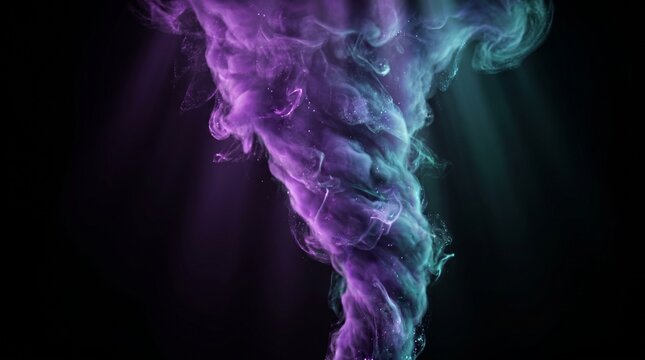 Purple and teal smoke swirls in a dynamic vortex against a dark black background with background light rays swirling vortex rises against illumination atmospheric abstract particle colorful with fluid