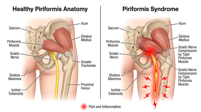 Healthy Piriformis Anatomy vs Piriformis Syndrome Sciatic Nerve Compression Diagram