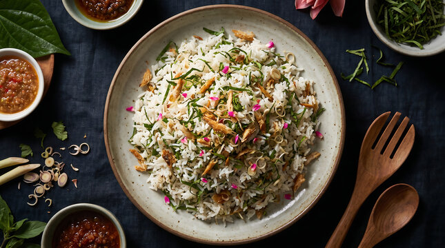 Aromatic Nasi Ulam Herb Rice Mixed with Shredded Flaked Fish Finely Sliced Kaffir Lime Leaves Torch Ginger Petals and Lemongrass Flat Lay Food Photography