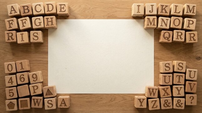 Wooden alphabet blocks and numbers arranged around a blank paper sheet