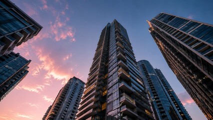 Obraz premium Modern Glass Skyscrapers and Corporate Office Towers at Dramatic Sunset in Financial District