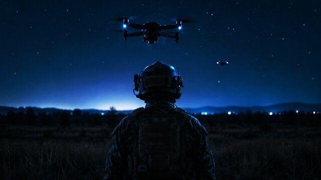 Soldier observing multiple drones during a nighttime surveillance operation