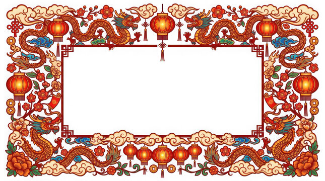 Intricate chinese new year decorative border with dragons and red lanterns design frame isolated on transparent background