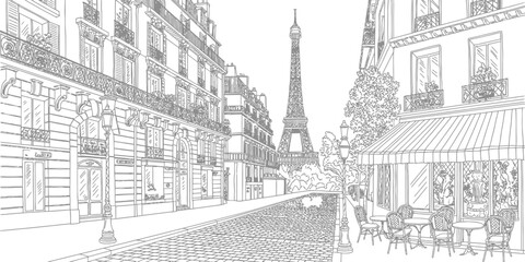 Obraz premium Paris street sketch with Eiffel Tower and cafe. Vintage urban vector illustration of city center and accommodation architecture. Detailed line drawing.