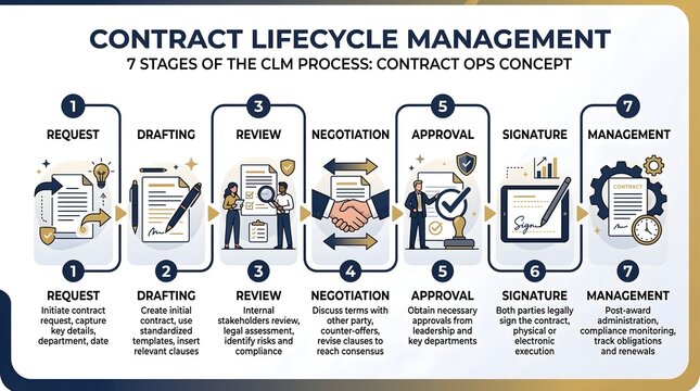 Contract lifecycle management infographic, 7 stages of CLM process flow, business contract ops concept with icons and descriptions