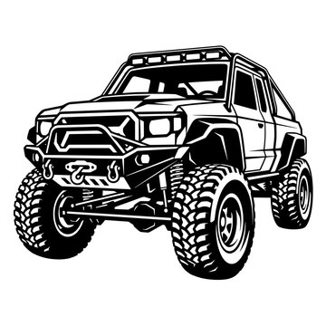 Detailed black and white vector line art of a lifted off-road 4x4 truck featuring a custom winch bumper, roof light bar, and heavy suspension. Great for auto designs.
