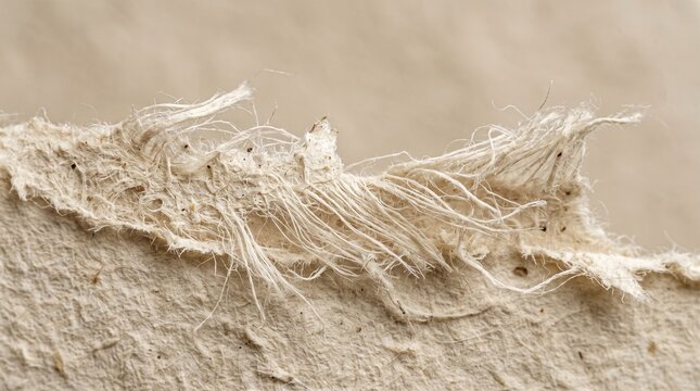 Macro close-up detail of torn handmade paper edge showing raw fibrous texture and natural beige paper pulp material