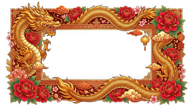Intricate chinese dragon frame design with floral and cloud motifs for artistic decoration isolated on transparent background