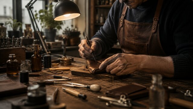 Skilled Leather Craftsman Hand Stitching Handmade Leather Wallet in Artisan Workshop