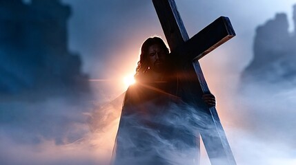 Obraz premium Jesus christ is carrying the wooden cross on his shoulder, walking through a spiritual light and atmospheric fog, representing sacrifice, faith, and the path to redemption