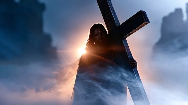 Jesus christ is carrying the wooden cross on his shoulder, walking through a spiritual light and atmospheric fog, representing sacrifice, faith, and the path to redemption