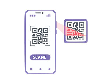 Smartphone scanning QR code for digital payment and access 3D render illustration isolated