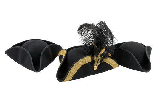 Three black historical tricorn hats with gold trim and feather decoration