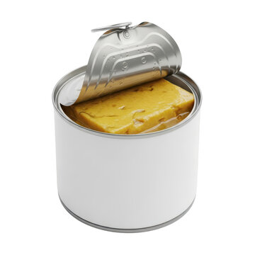 Open metal tin can filled with yellow sponge block isolated on white background