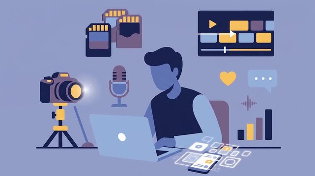 Faceless male content creator editing video and managing social media flat animation