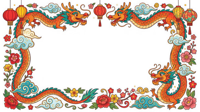 Colorful chinese dragons with lanterns and floral decorations in a festive border design isolated on transparent background
