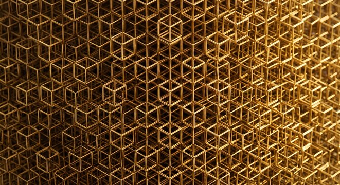 3D Isometric Gold Wireframe Cube Lattice Mesh Pattern Background