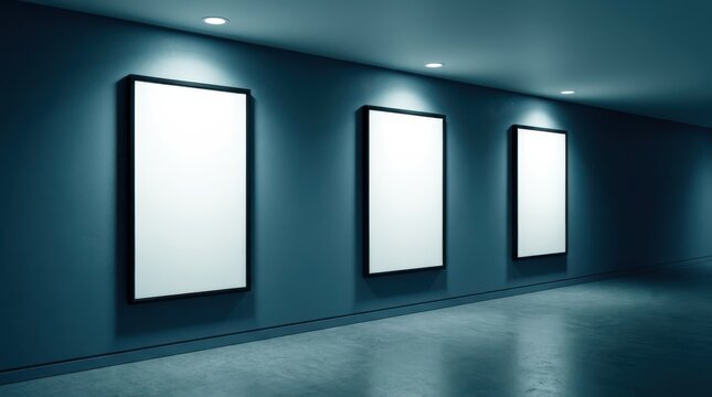 Three blank rectangular poster frames mounted on dark blue wall inside modern gallery for professional advertisement display.