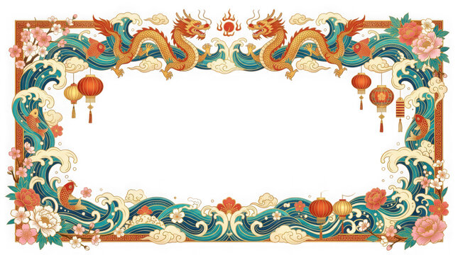 Intricate chinese dragon and lanterns decorative border design with traditional motifs isolated on transparent background