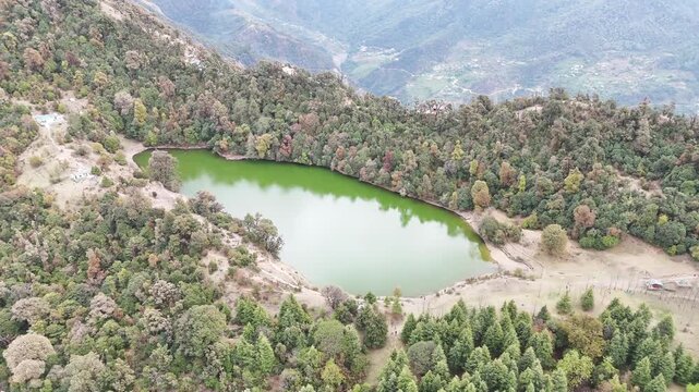 Aerial shot of Deoria Taal or deoria lake in Uttarakhand, India