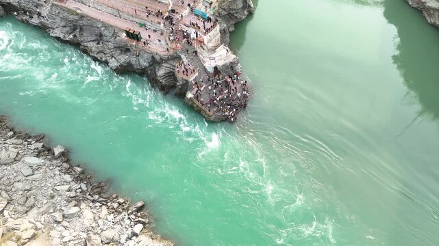 Aerial shot of two River Meets in Devprayag, Uttarakhand, India. Aerial shot of Confluence of two river Bhagirathi and Alaknanda in Devprayag, Uttarakhand, India 
